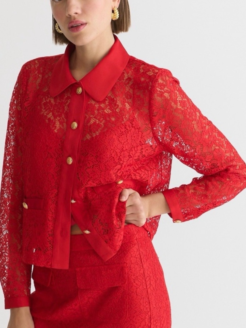 J. Crew Red Lace Button-Front Blazer